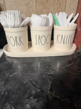 Rae Dunn Cream Ceramic Fork Spoon Knife Utensil Holder Set with Tray